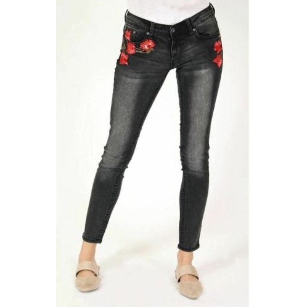 Grace in LA Jeans Women's Black Floral Embroidered Skinny Fit Stretch Jeans